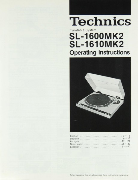 Technics SL-1600 MK 2 / SL-1610 MK 2 Operating Instructions