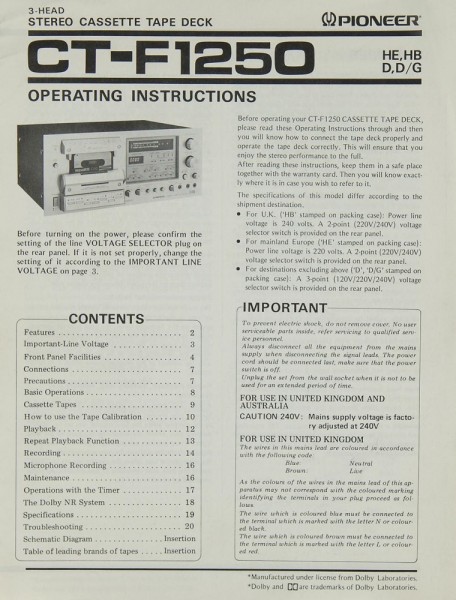 Pioneer CT-F 1250 Owner&#039;s Manual
