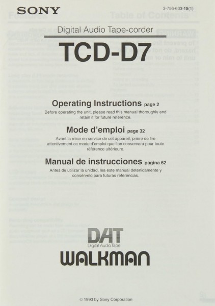 Sony TCD-D 7 Manual