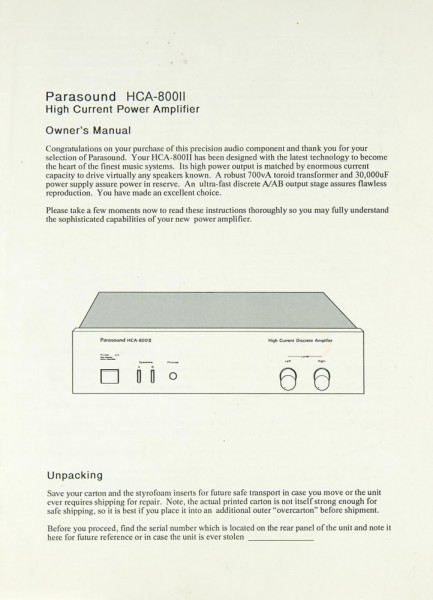 Parasound HCA-800 II Owner&#039;s Manual