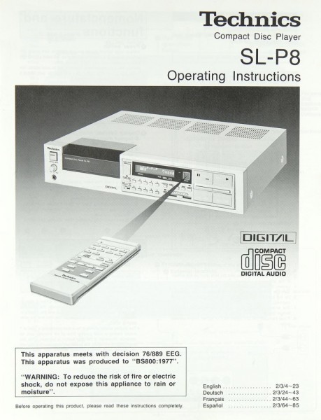 Technics SL-P 8 Operating Instructions