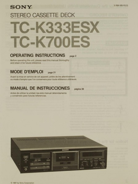 Sony TC-K 333 ESX / TC-K 700 ES Operating Instructions
