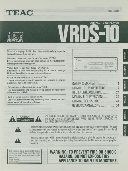 Teac VRDS-10 Operating Instructions