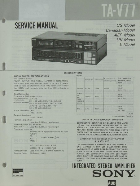Sony TA-V 77 Schaltplan / Serviceunterlagen