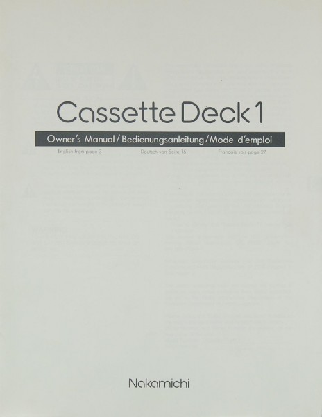Nakamichi Cassette Deck 1 Bedienungsanleitung