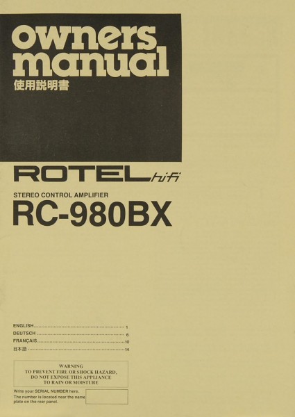 Rotel RC-980 BX Operating Instructions