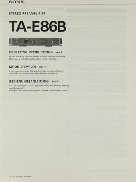 Sony TA-E 86 B Manual