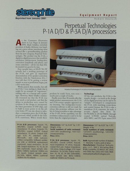Perpetual Technologies P-1 A D/D &amp; P-3 A D/A Processors Testnachdruck