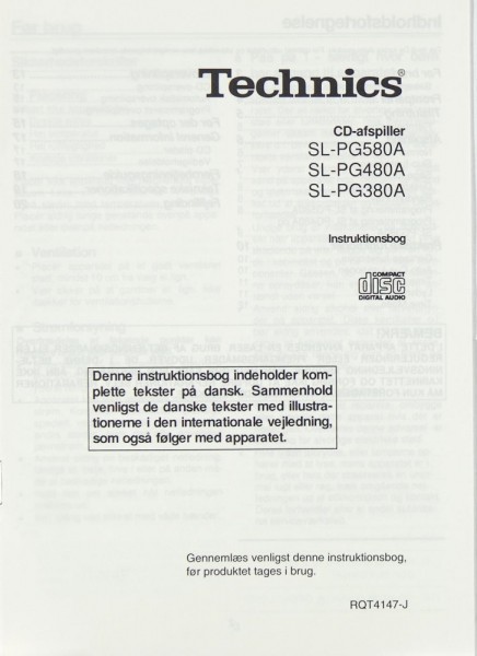 Technics SL-PG 580 A / SL-PG 480 A / SL-PG 380 A Manual