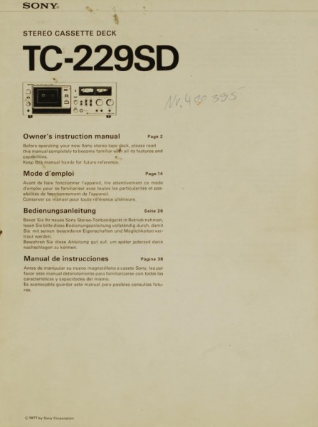 Sony TC-229 SD Owner&#039;s Manual