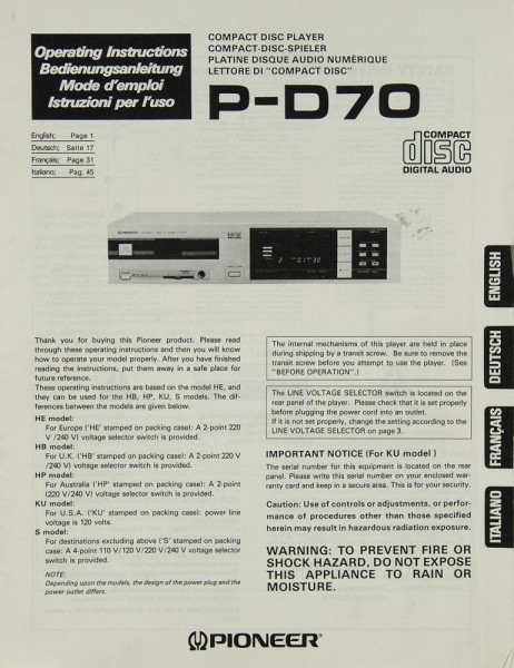 Pioneer P-D 70 Operating Instructions
