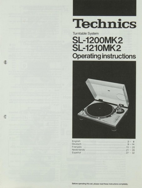Technics SL-1200 MK 2 / SL-1210 MK 2 Bedienungsanleitung