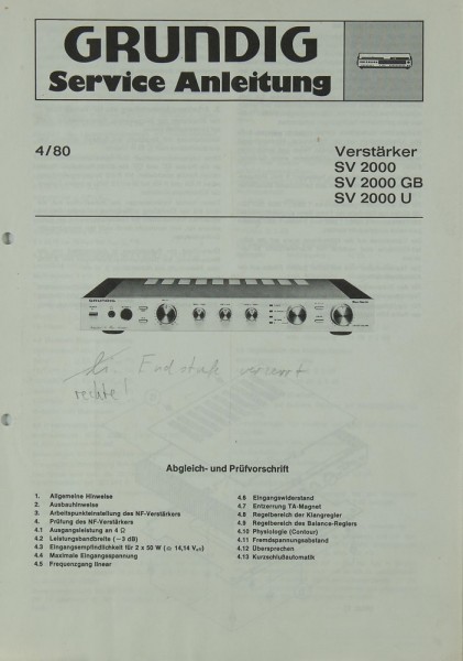 Grundig SV 2000 / SV 2000 GB / SV 2000 U Schaltplan / Serviceunterlagen