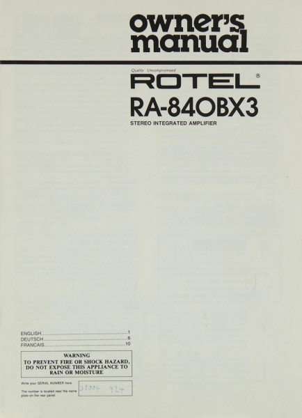 Rotel RA-840 BX 3 Operating Instructions