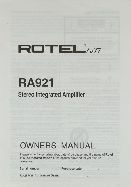 Rotel RA 921 Operating Instructions