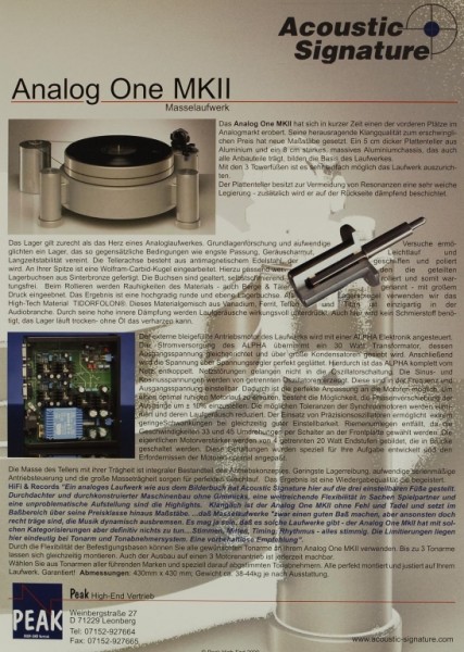Acoustic Signature Analog One MK II brochure / catalogue