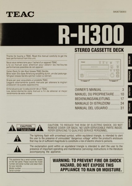 Teac R-H 300 Operating Instructions