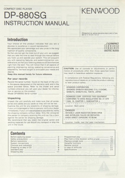 Kenwood DP-880 SG Operating Instructions