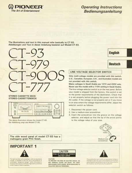 Pioneer CT-93 / CT-979 / CT-900 S / CT-777 Bedienungsanleitung
