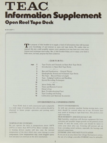 Teac Open Reel Tape Deck / Information Supplement Operating Instructions