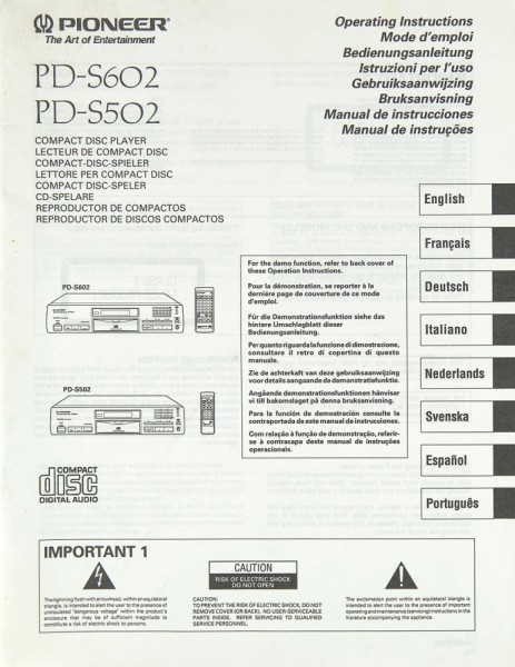 Bedienungsanleitung-Operating Instructions für Pioneer PD-S502,PD-S602 in Eng+DE 