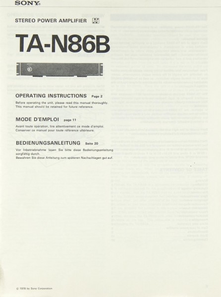 Sony TA-N 86 B Operating Instructions