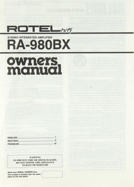 Rotel RA-980 BX Operating Instructions