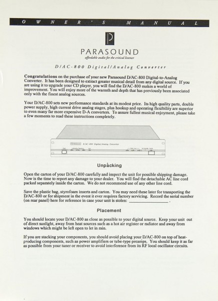 Parasound D/AC-800 Operating Instructions