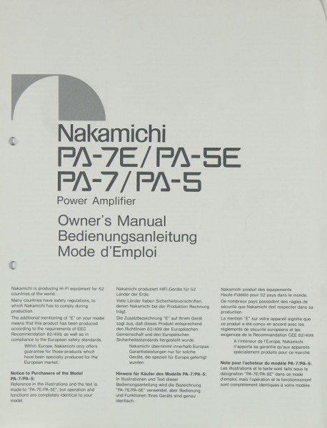 Nakamichi PA-7 E / PA-5 E / PA-7 / PA-5 Bedienungsanleitung