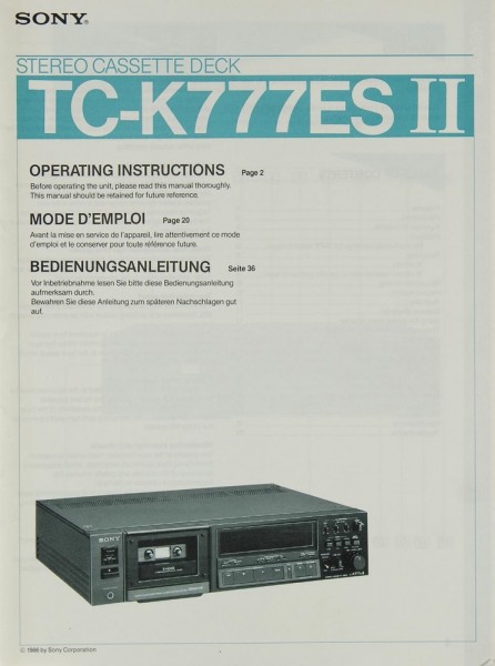 Sony TC-K 777 ES II Manual