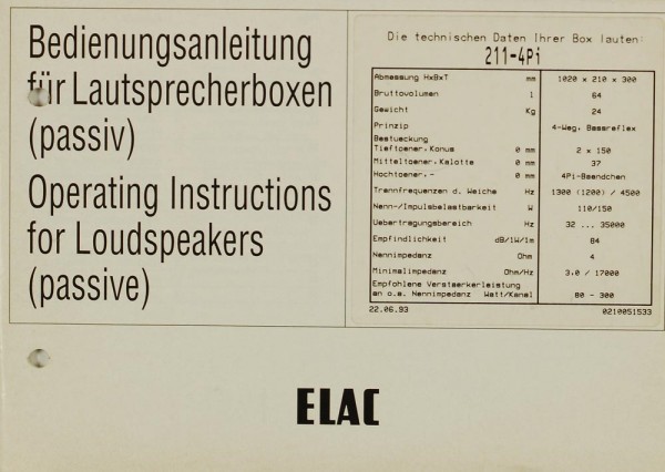 Elac Lautsprecherboxen 211-4Pi Bedienungsanleitung