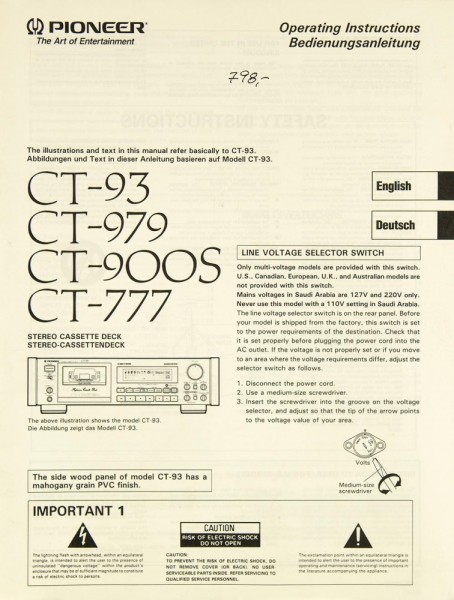 Pioneer CT-93 / CT-979 / CT-900 S / CT-777 Bedienungsanleitung