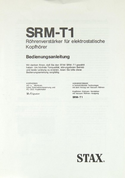 Stax SRM-T 1 Operating Instructions