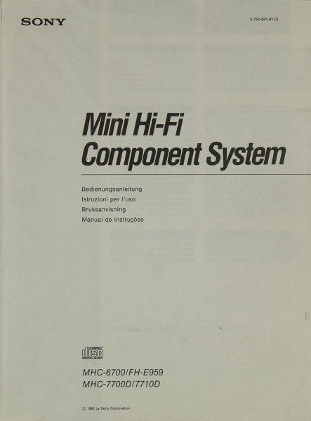 Sony MHC-6700 / FH-E 959 / MHC-7700D / 7710D Manual