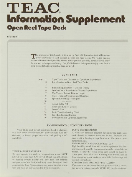 Teac Open Reel Tape Deck Information