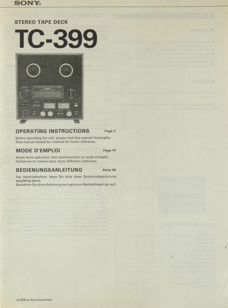 Sony TC-399 Bedienungsanleitung