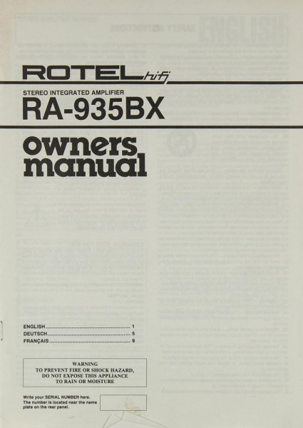 Rotel RA-935 BX Operating Instructions