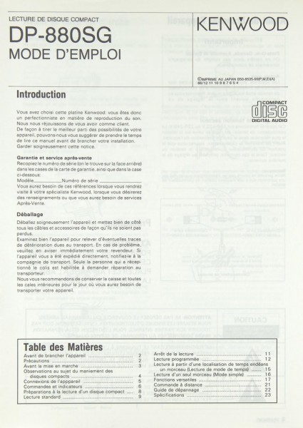 Kenwood DP-880 SG Instruction Manual