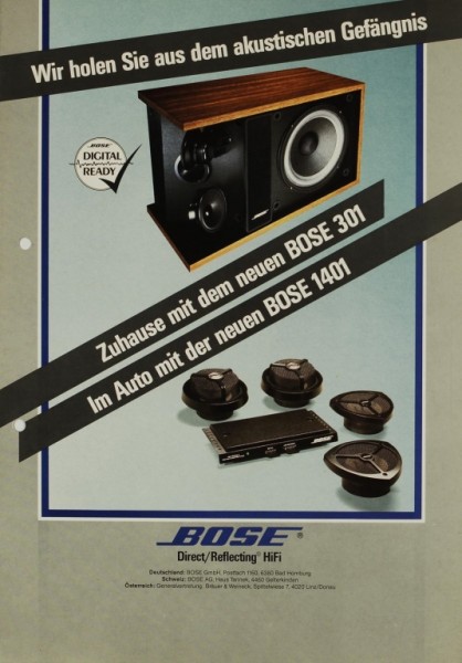 Bose Zuhause mit Bose 301 / Im Auto mit Bose 1401 Prospekt / Katalog
