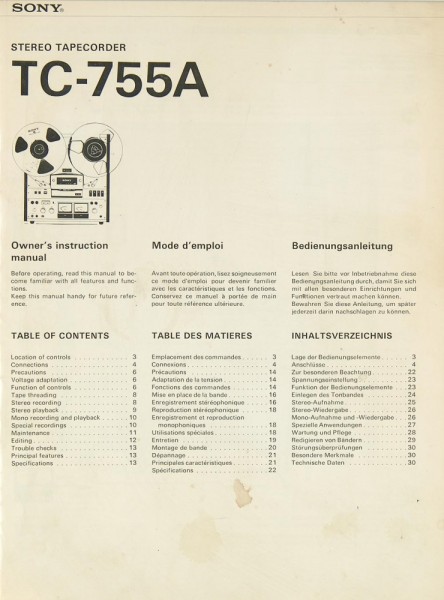 Sony TC-755 A Owner&#039;s Manual