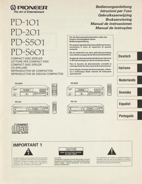 Pioneer PD-101 / PD-201 / PD-S 501 / PD-S 601 Operating Instructions
