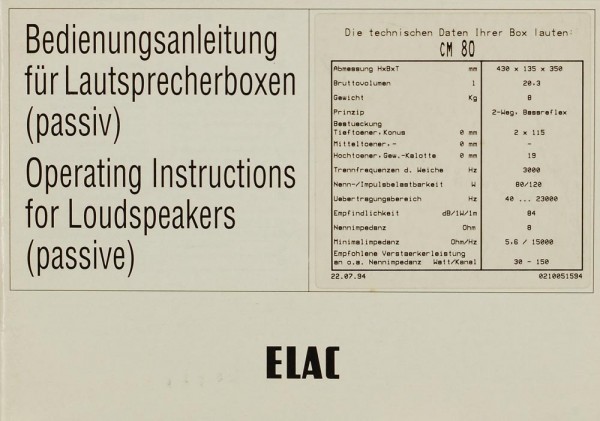 Elac CM 80 Operating Instructions