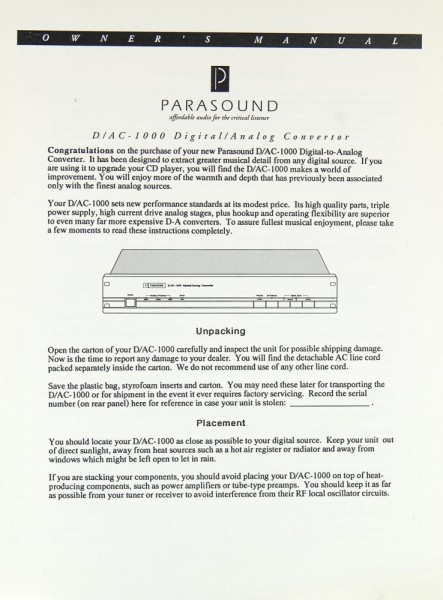 Parasound D/AC-1000 Bedienungsanleitung