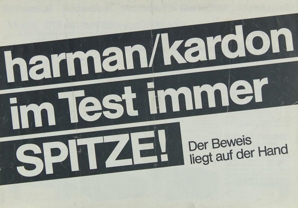 Harman / Kardon Verweis auf Testberichte 85/86 Prospekt / Katalog