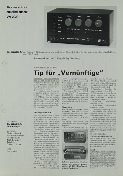 Audiolabor VV 2020 Prospekt / Katalog