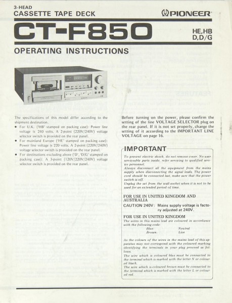 Pioneer CT-F 850 User Manual