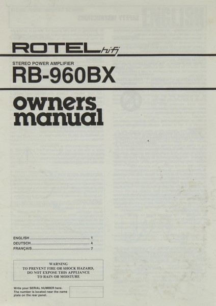 Rotel RB-960 BX Operating Instructions
