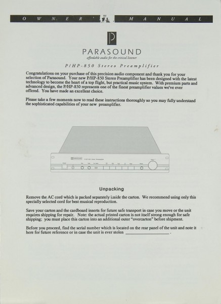 Parasound P / HP - 850 Manual