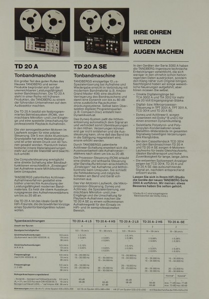 Tandberg TD 20 A &amp; A SE / TPT 3011 A / TIA 3012 / TCD 3014 Brochure / Catalogue