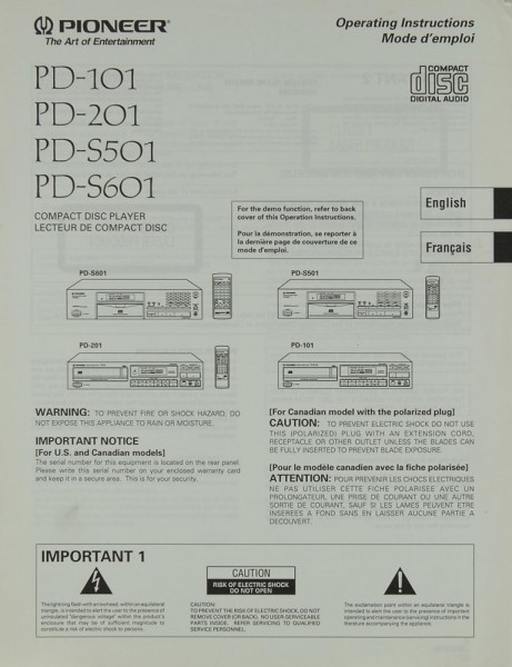 Pioneer PD-101 / 201 / PD-S 501 / 601 Manual